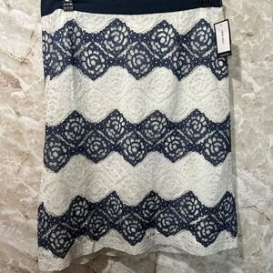 Nine West Pencil Skirt Navy‎ Ivory Lace Overlay Classic Career 14W